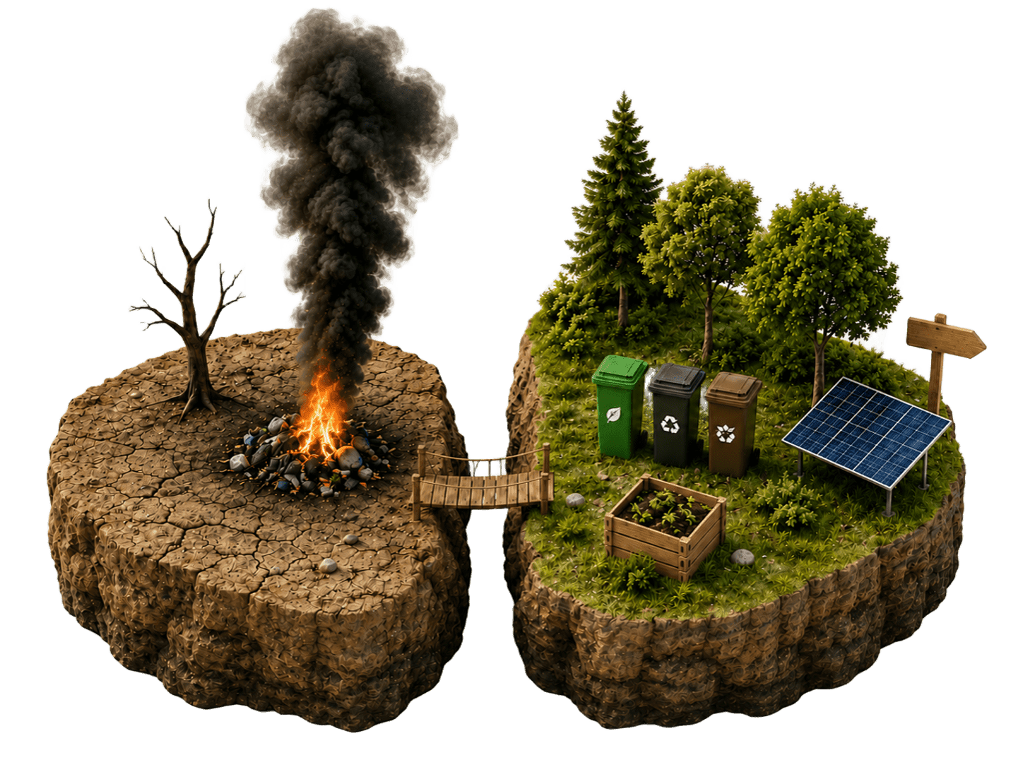 Ilustrasi dua pulau melayang: sisi kiri kering dengan sampah terbakar, sisi kanan hijau dengan tempat sampah terpilah, kompos, dan panel surya