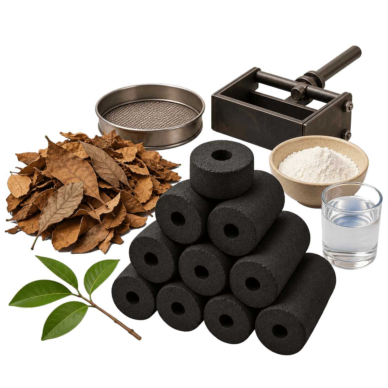 Briket daun kering beserta bahan dan alat pembuatannya