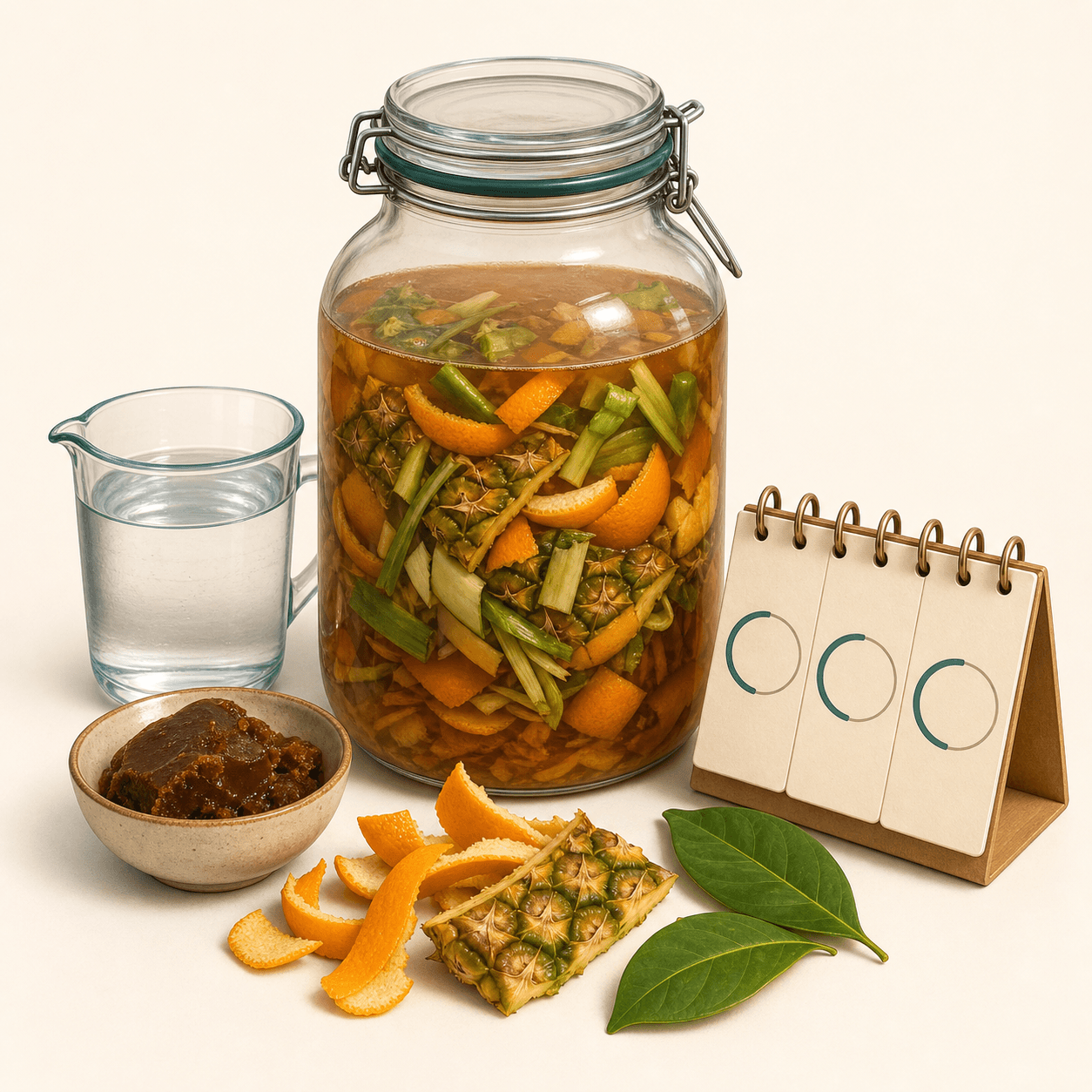 Bahan pelatihan eco-enzyme berupa wadah fermentasi, sisa buah, gula merah, dan air